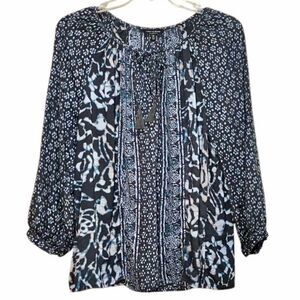Lucky Brand 3/4 Sleeve Peasant Top in Black/Grey/Blue Women’s M